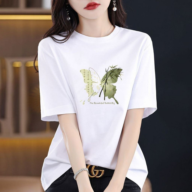 100%純棉圓領短袖T恤女 寬鬆大碼氣質體恤