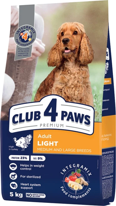 클럽4포우즈 프리미엄 라이트 어덜트독 미디움&라지브리드 스테럴라이즈드 웨이트컨트롤 칠면조 5kg, 1개 - 쿠팡
