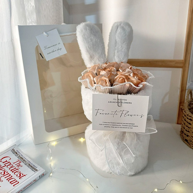 유니팡 귀여운 토끼 모양 비누 장미 꽃다발, 1개, 화이트 카푸치노