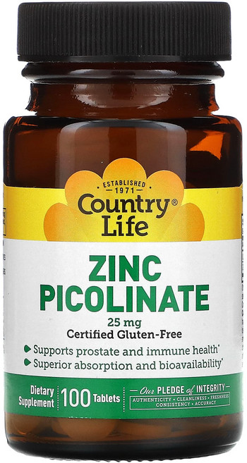 Country Life Vitamins 징크 피콜리네이트 25 mg 타블렛, 1개, 100정