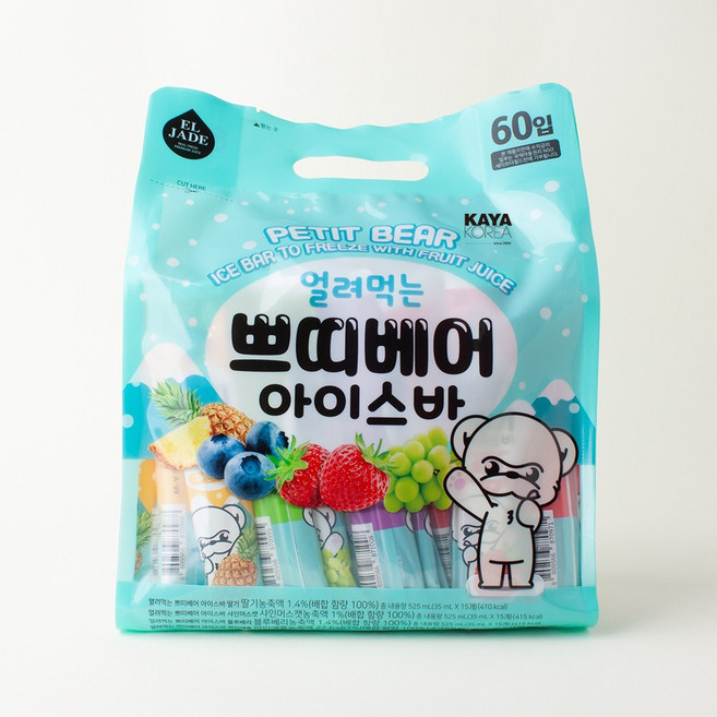 엘제이드얼려먹는 쁘띠베어 아이스바 4가지맛(딸기 파인애플 샤인머스캣 블루베리) 60개입, 1