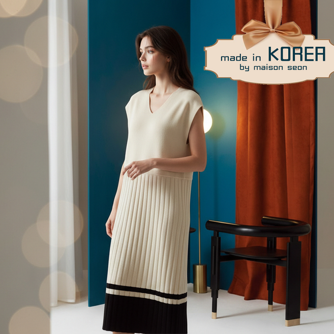 메종숀 노블 V라인 니트 플리츠 원피스 편안한 깔끔핏