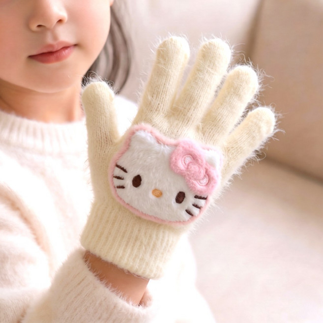 헬로키티 손가락 겨울 니트 장갑 성인 어린이 여아 유아 니트 귀여운