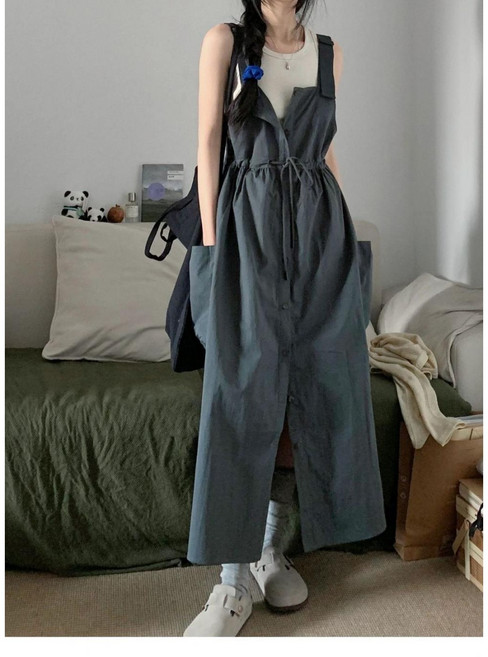 애니파니 셔링 스트랩 레이어드 멜빵 롱원피스 화이트 이너 포함