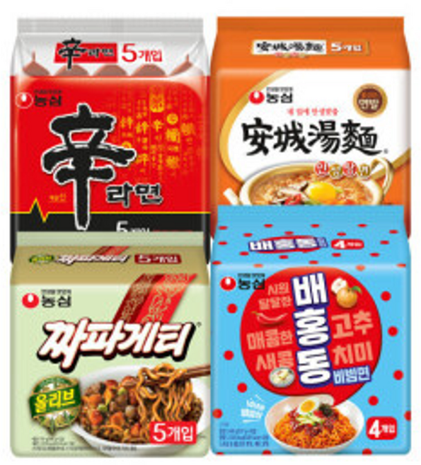 신라면 5입+ 안성탕면 5입 + 짜파게티 5입 + 배홍동 4입 (총 19봉), 19개