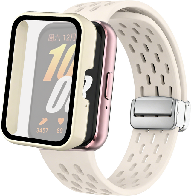 갤럭시 핏3 호환 멀티타공 마그네틱버클 실리콘 스트랩+ 풀커버 보호 케이스, 스타라이트 + 화이트