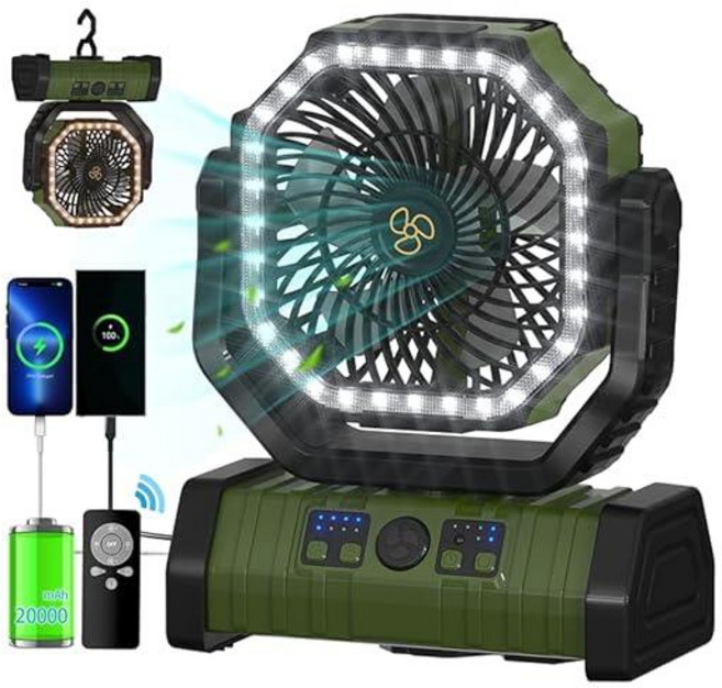 ADUST 캠핑 팬 배터리 작동 전원 팬 LED 랜턴 조명 20000mAh 충전식 휴대용 텐트용 360° 회전 걸이 후크가 있는 진동 팬 무선 USB 책상 팬(블랙키쉬, 초록색