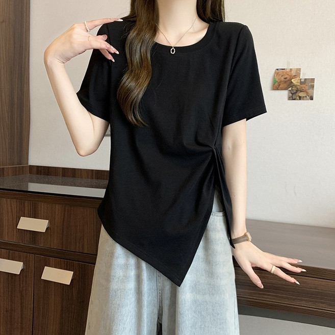 빠뻐을뻔 여성 정어깨 반팔 라운드넥 깔끔 슬림 언밸런스 밑단 티셔츠