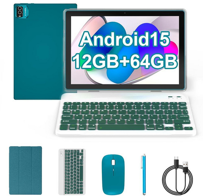 쿠퍼 태블릿 안드로이드 15 10인치 12GB RAM+64GB ROM 최대 1TB 1.8GHz 쿼드코어 프로세서 5G WiFi6 6000mAh 배터리 듀얼 카메라 키보드, Blue