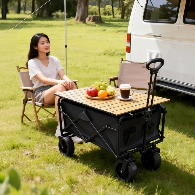 MoCaLiLi 캠핑웨건 접이식 다용도 캠핑카 + 휴대용 테이블, 1개, 블랙+85.5*52.7cm 테이블보드