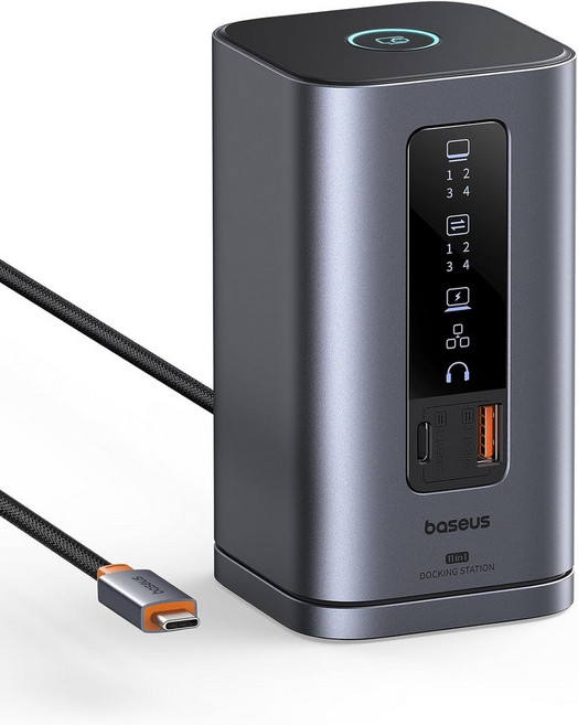 Windows 노트북과 호환되는 Baseus 스페이스메이트 11-in-1 도킹 스테이션은 3개의 모니터2HDMI + 1DP 4K@60Hz를 지원하며 3USB-AC10Gbps, 11 in 1 for