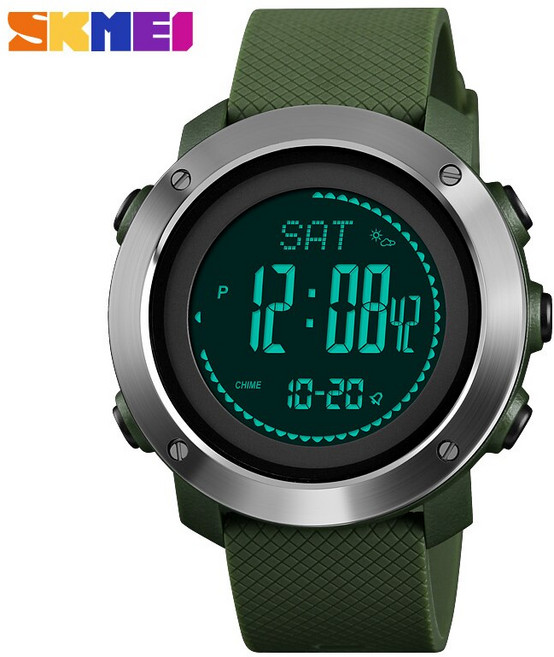 SKMEI 1418 1427 남 여 연인 시계 등산 높이 압력 나침반 보수계 스톱워치 전자 RELOGIO MASCULINO, Steel Dial Green, 1개