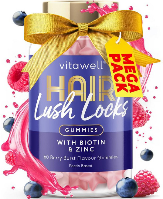 영국 비타웰 Vitawell 헤어 러시 락 헤어 그로우스 with 비오틴 + 아연 베라맛 츄어블 구미, 1개, 60정