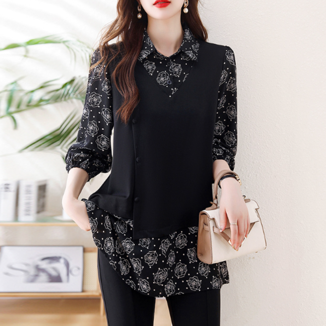 루루뷰티패션 (오늘출발) 빅사이즈 중년 여성 봄가을 플라워 쉬폰 조끼 레이어드 롱 티블라우스 KJK-E0361