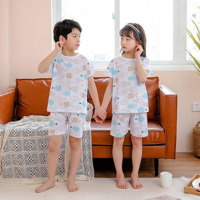 兒童短袖套裝 男女童家居服寶寶薄款圓領呼吸棉空調杉