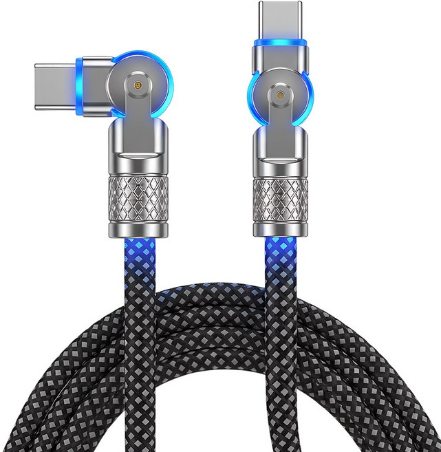 60W 180도 회전 라이트 C to C 고속 충전 패브릭 케이블, 1개, 블랙, 2m