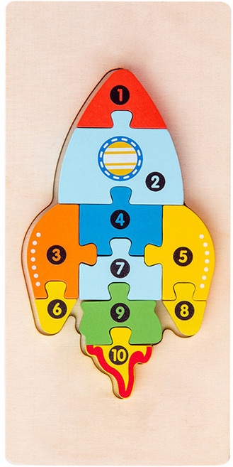 DIU 木質早教兒童益智積木動物形狀認知配對3D立體拼圖歲2-3玩具, 1個, 立體拼圖【火箭】:如圖
