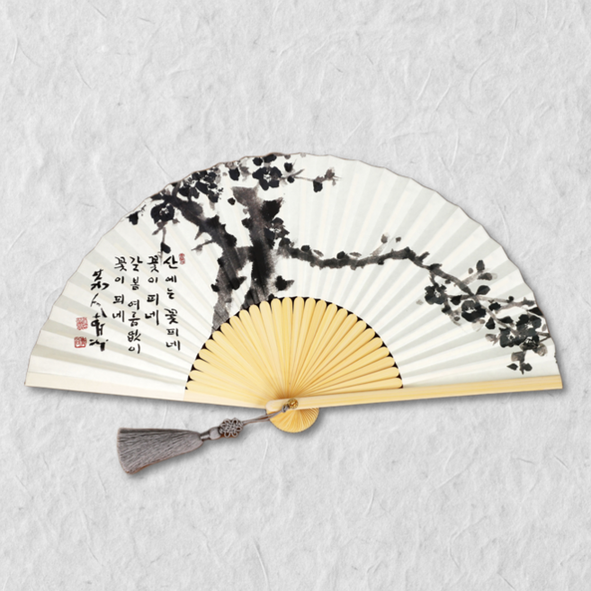 [자체제작] 백의민족공방 국산 전주 합죽선 부채 (대), 1개, 부채그림 - 수묵 매화