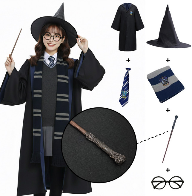 [청춘교복] 고급형 해리포터 지팡이 6종세트 로브+머플러+자동무지타이+안경+지팡이+모자 코스프레 할로윈 마법사 졸사 졸업사진