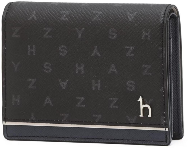 헤지스 남성 블랙 소가죽 로고 패턴 컴팩트 카드 명함지갑