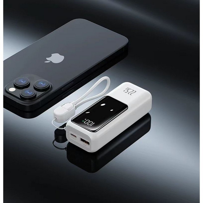 自帶線行動電源 22.5W快充 Type-C CCC Wh標示 隨身充 可上飛機出國, 20000mAh-白色