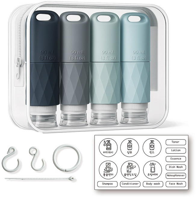 알로꼬 휴대용샴푸통 수영장 실리콘 여행용 고리공병 소분통 튜브용기 90ml 4개세트, 1세트, 그레이 계열