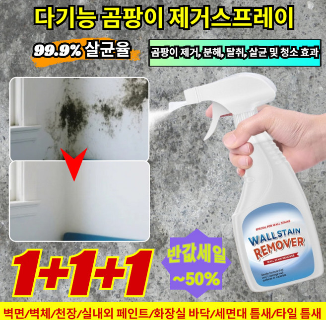 1+1+1[닦을 필요 없는]다기능 곰팡이 제거 스프레이 벽지 곰팡이제거제 99.9% 살균율 벽면/벽체/천장, [1+1](2병)300ML*2