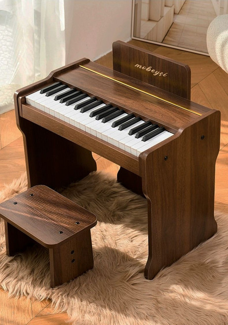 미니피아노 우드 어린이날 선물 37키 키보드 원목 악기, 1개, 호두색 37키 풀세트 받침대의자 포함