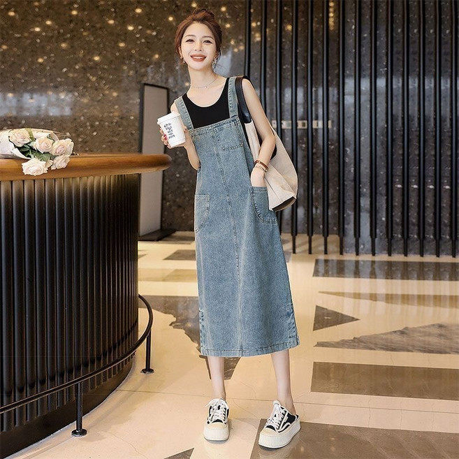 SAHINER 여름 여성 트렌드 루즈핏 롱스커트 멜빵 데님 힙업원피스 LGAQZ17