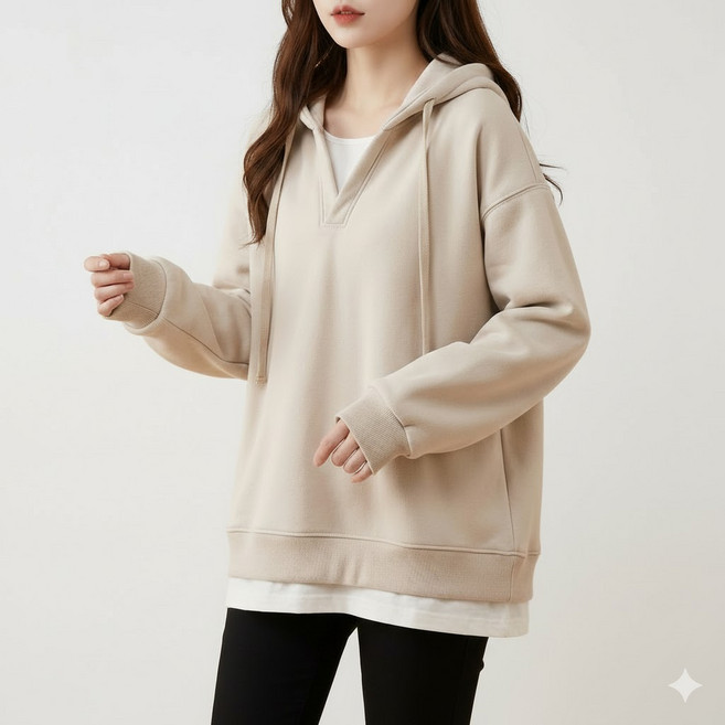 지디오 여성 레이어드 후드 티셔츠 오버핏 브이넥 긴팔 후드티 빅사이즈