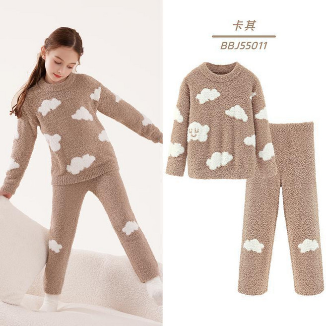 女童睡衣 秋冬保暖珊瑚絨家居服套裝 兒童半邊絨親子裝