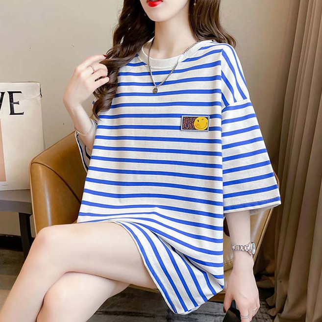 여성 여름 빅사이즈 오버핏 스트라이프 스마일 반팔티 롱티 박스티 라운드 반팔티 찰랑티