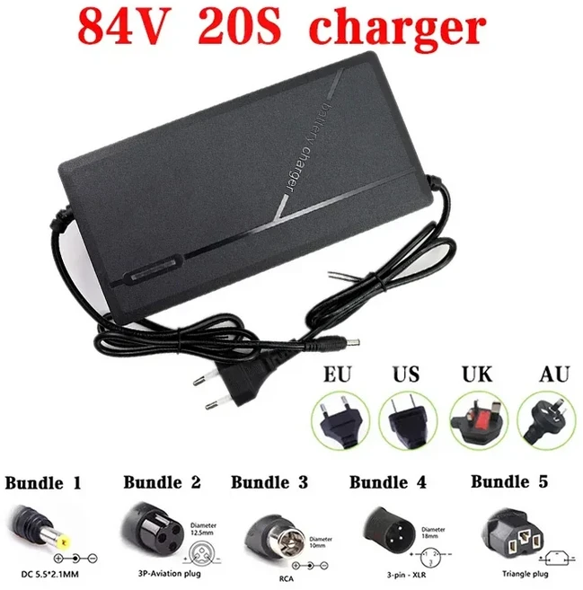 인산철 배터리 대용량 캠핑 지능형 고속 리튬 이온 충전기 36V 48V 52V 60V 72V 2A 3A 5A 10S 13S 16S 20S 42V 54.6V 58.8V 67.2V, [01] 2A, [01] 번들 1, 05 84V 20S Charger