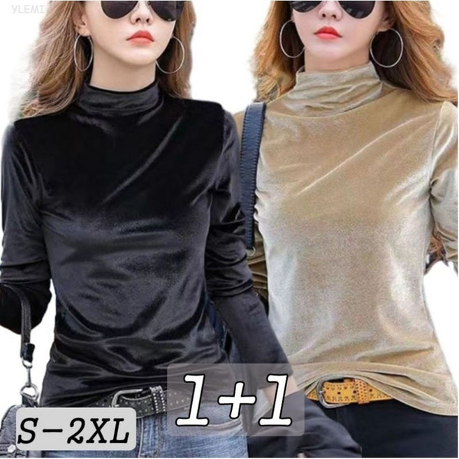 YLEMI 1+1 가을 겨울 반터틀넥 벨벳 여사 긴팔 티셔츠