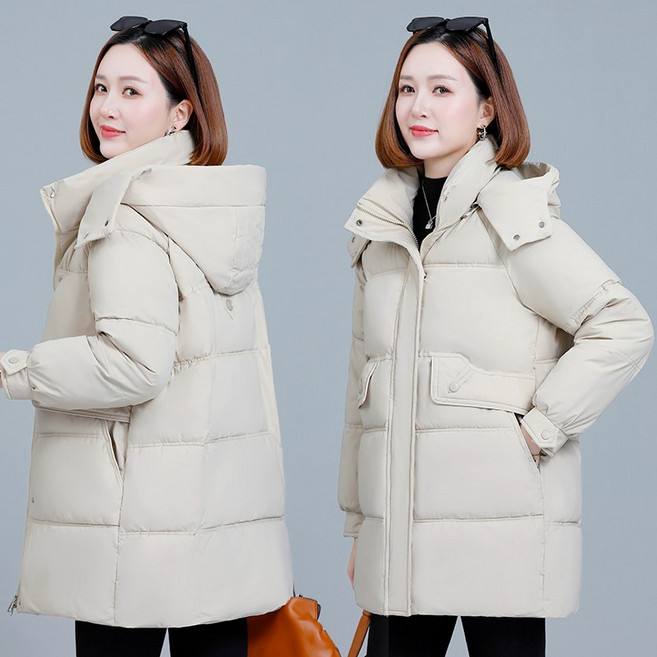 羽絨外套女款 白鴨絨保暖隔熱 中長版寬鬆連帽可拆卸麵包服