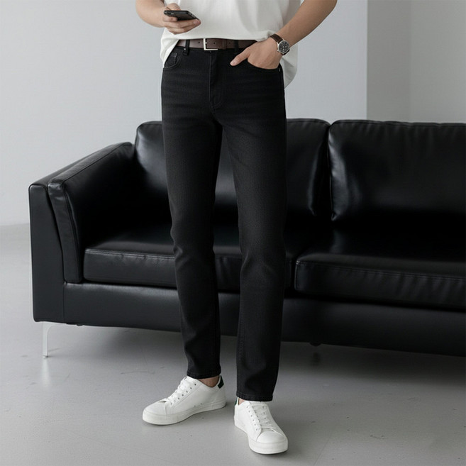 베이직바이블 남성용 블랙진 스판 빅사이즈 흑청바지 데님 빅사이즈 면 바지 사계절 슬림 청바지(1color)