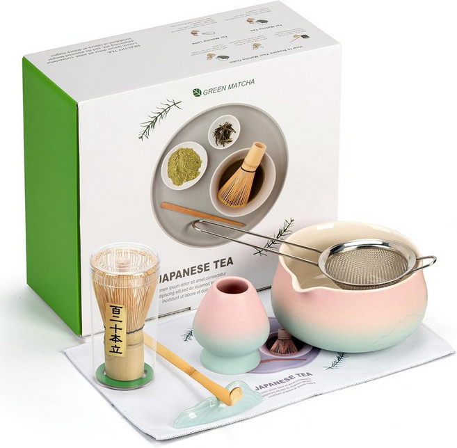 헤이미로 말차 위스키 세트 세라믹 볼-7PCS 차 애호가를 위한 키트 선물 발렌타인데이 여성 남성 친구를 생일 선물 가정용 주방 장식, Pink&Blue