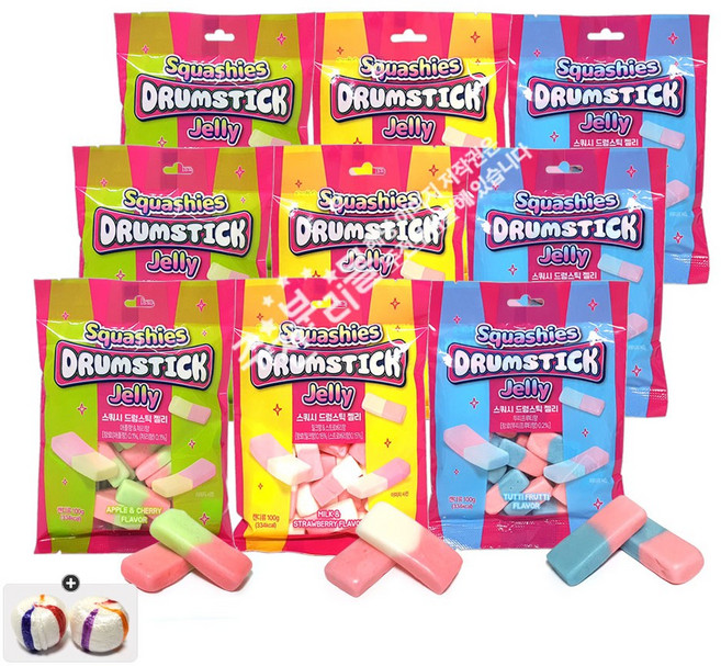 gs편의점 스쿼시 드럼스틱 젤리 100g 3종(애플/뚜띠/밀크스트로) 각3봉씩 총9봉+자색옥춘사탕 20g 세트, 1세트, 900g