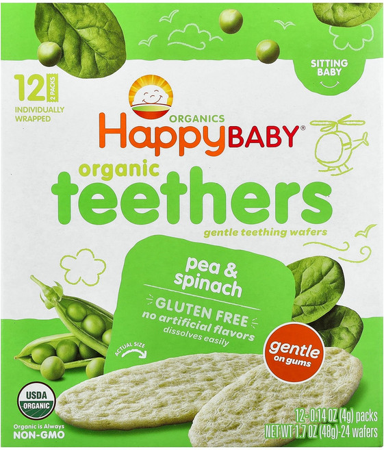 Happy Family Organics Baby® 유기농 티더 부드러운 치아 발육 웨이퍼 앉을 수 있는 아기용 완두콩 & 시금치 12팩 각 4g(0.14oz) O