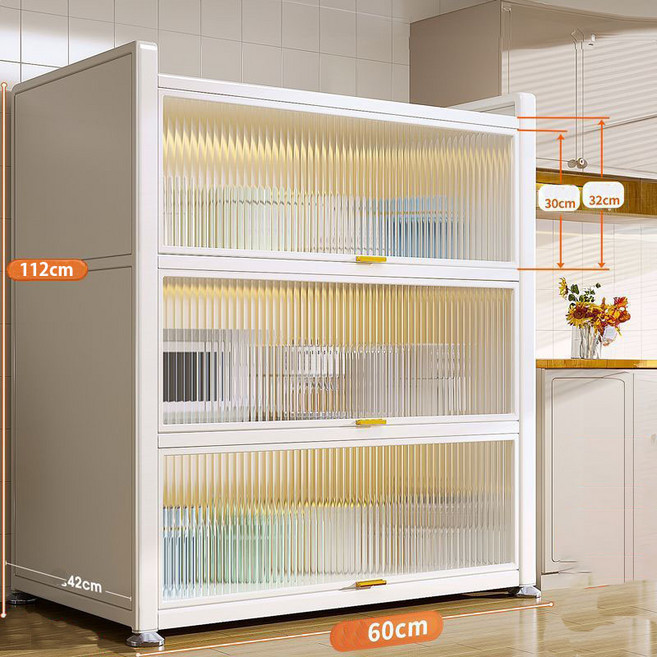 FACAT 주방 수납장800 방진 기름때를 막다 3단 철제수납장 투명문주방사이드수납장 42cm와이드 다용도 식탁 렌지대 CT-021, 4단, 아이보리