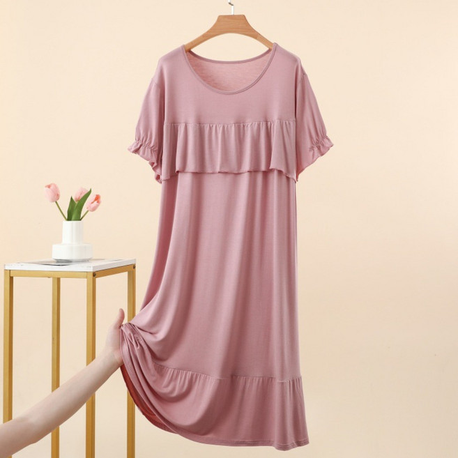 아르앤유 여성 모달 프릴 반팔 빅사이즈 롱 원피스 홈웨어 잠옷