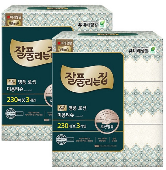 잘풀리는집 명품 로션 미용티슈 230매 x 6개 각티슈 사각 곽 티슈 화장지 휴지 천연펄프, 1380매입