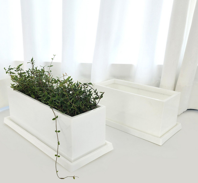 마이플랜트 유니크 글로시 직사각 유광 심플 화이트 플라스틱 화분 받침세트, 1개