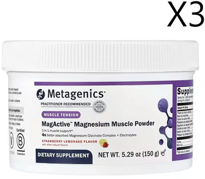 메타제닉스 MagActive 마그네슘 머슬 분말 딸기 레모네이드 (5.29oz), 150g, 3개 - 쿠팡