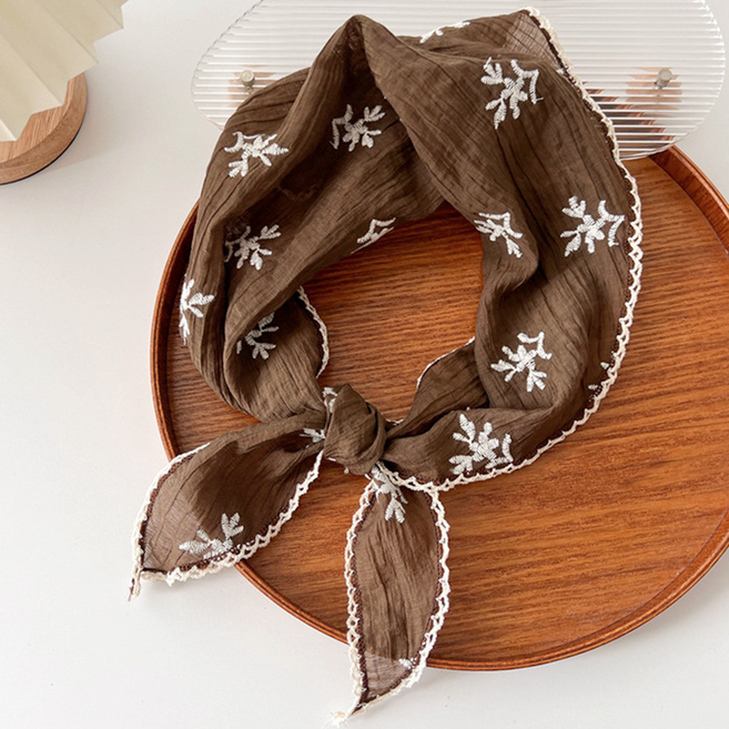 미노앤슈 여성 코튼 린넨 레이스 삼각 쁘띠 스카프 반다나 머리 두건