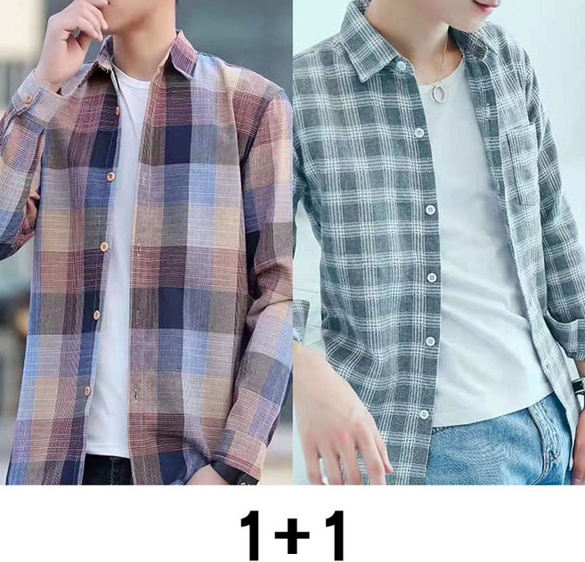 1+1 남성 긴팔 셔츠 봄 가을 트렌드 체크 남방 아우터 여름 남자 캐주얼 슬림핏 자외선 차단 얇은 코트 상의 WMY