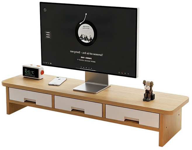 2단 수납형 모니터 받침대 3칸서랍 와이드 선반, 메이플