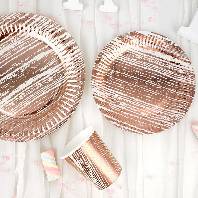 파티접시 23cm 10p + 파티접시 18cm 10p + 파티컵 10p 생일 테이블패키지 10인세트, 메탈릭 빈티지 로즈골드