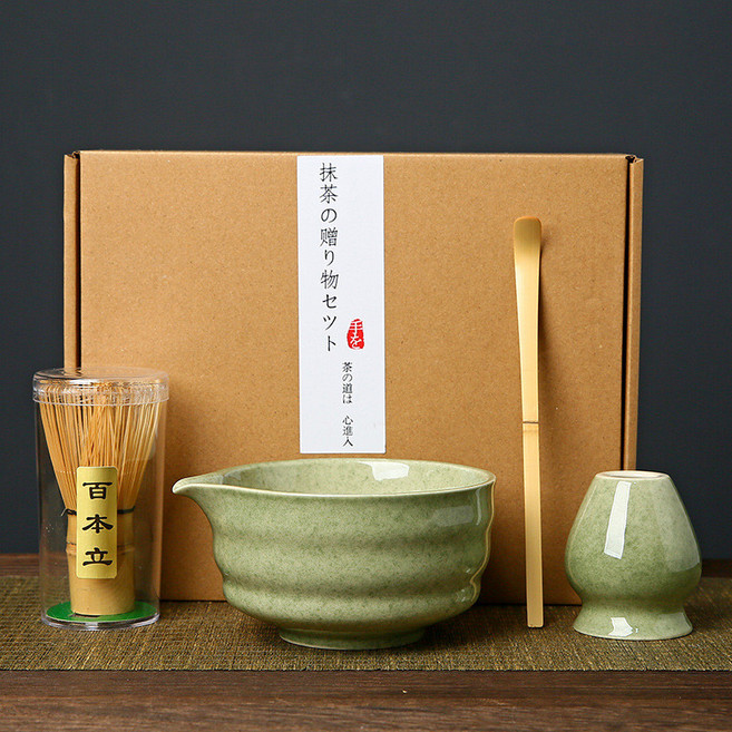日式抹茶茶具套裝，含抹茶碗、茶筅、茶勺, 1個, 抹茶绿抹茶碗4件套（贤+盒子, 抹茶绿
