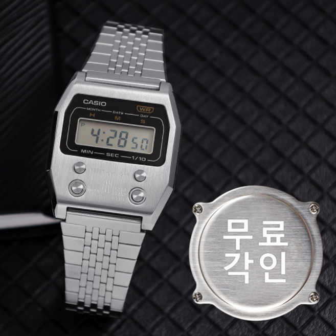 무료각인 카시오 공용 모던 아이코닉 실버 오렌지 손목시계 A1100D-1
